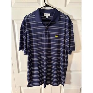 Masters Performance Men Navy Blue Striped Golf Polo Shirt Large Embroidered Logo